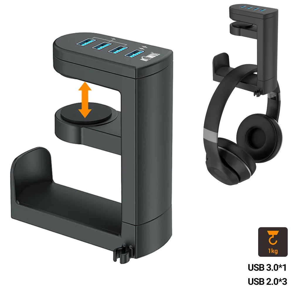 4-Port USB Hub Headphone Stand – Adjustable Clamp Organizer