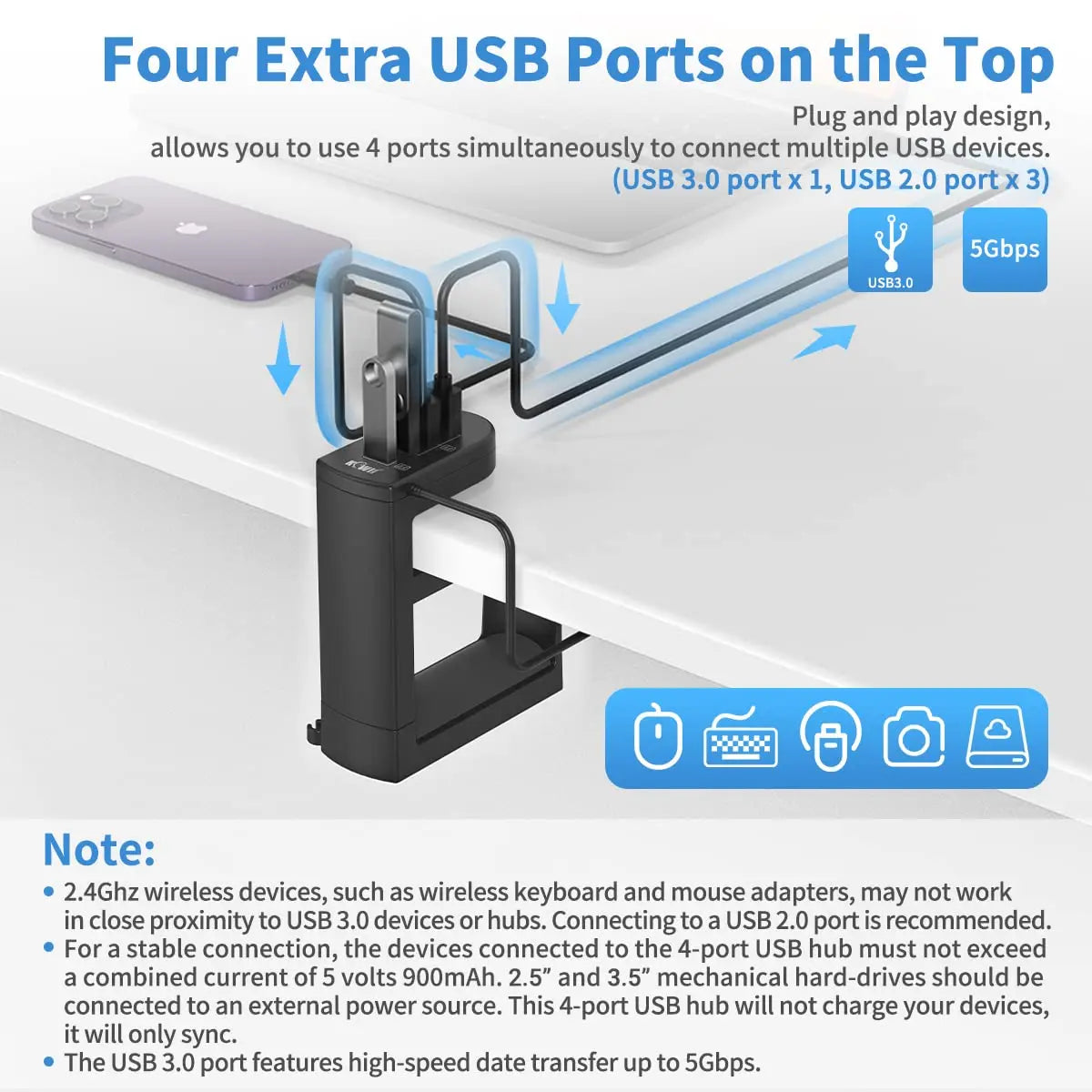 4-Port USB Hub Headphone Stand – Adjustable Clamp Organizer